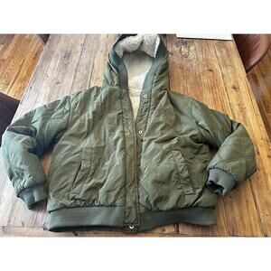ZARA Olive Green Reversible Quilted Sherpa Hooded Jacket Size Large Puffer Warm